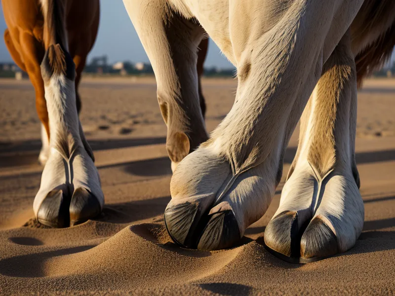Gros plan des quatre membres d'un cheval parfaitement d'aplomb et carré au sol