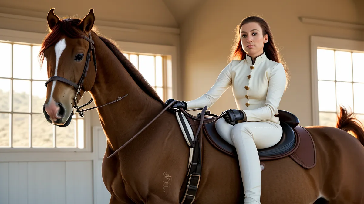 Extension d'encolure en dressage amateur : cavalière et cheval en équilibre pendant le travail sur le plat près de Saumur