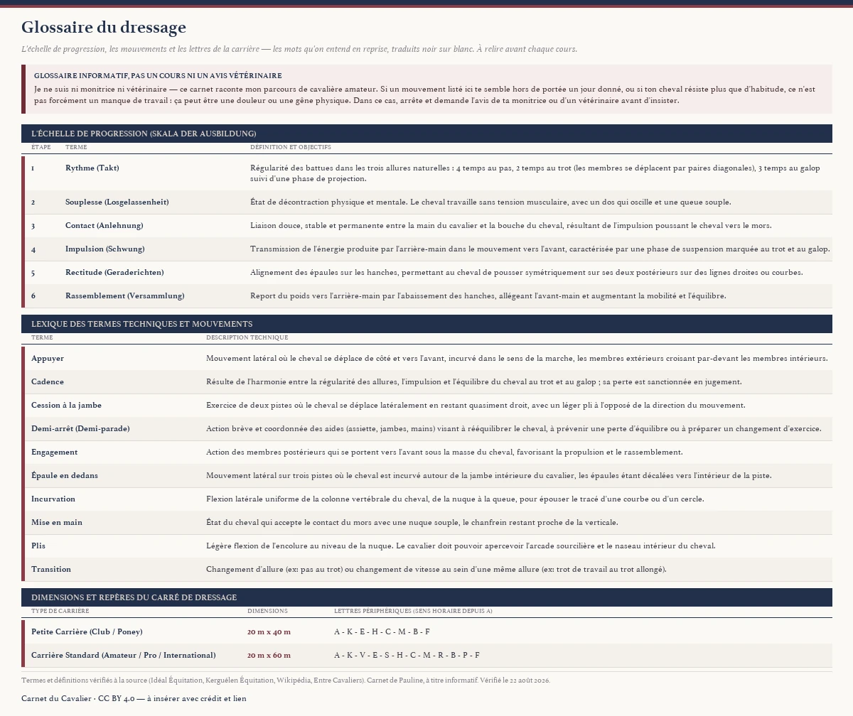 Glossaire du dressage pour le cavalier amateur : l'échelle de progression allemande (Skala der Ausbildung) en six étapes — Rythme (Takt), Souplesse (Losgelassenheit), Contact (Anlehnung), Impulsion (Schwung), Rectitude (Geraderichten), Rassemblement (Versammlung) — un lexique de dix mouvements techniques (appuyer, cadence, cession à la jambe, demi-arrêt, engagement, épaule en dedans, incurvation, mise en main, plis, transition) et les dimensions des carrières (20 m x 40 m et 20 m x 60 m) avec leurs lettres. Glossaire informatif, pas un cours ni un avis vétérinaire : si un mouvement semble hors de portée ou si le cheval résiste, cela peut être une douleur — arrêtez et demandez l'avis d'un moniteur diplômé ou d'un vétérinaire.